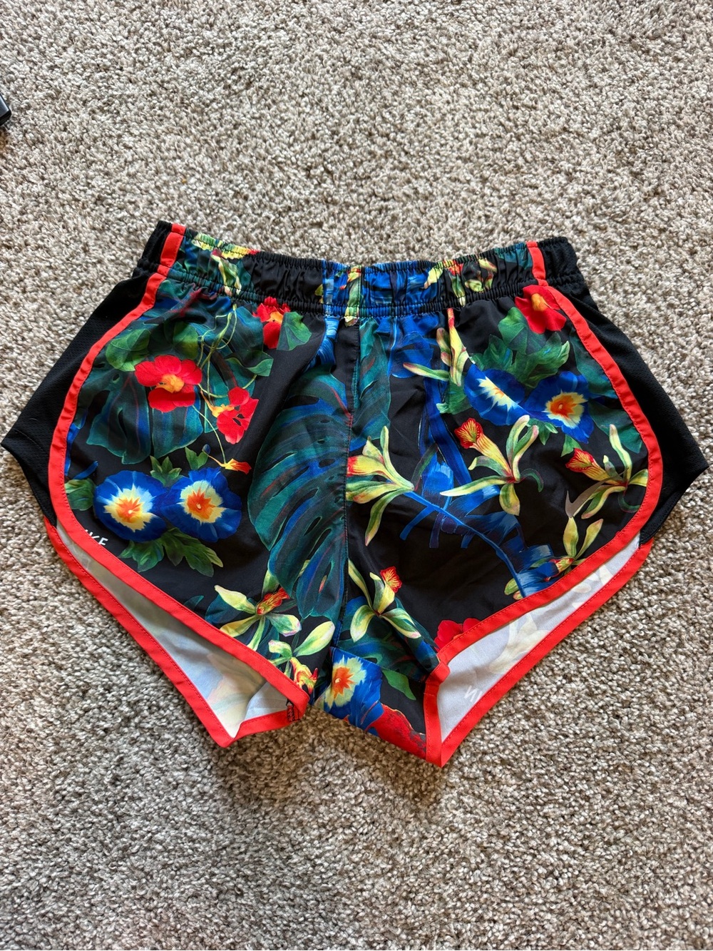 Nike Black Tropical Floral Athletic Shorts with Red Trim